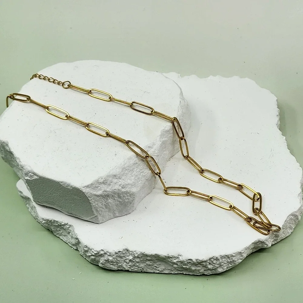 Gold Tone Paperclip Chain Necklace Long Link Minimalist Layering Adjustable